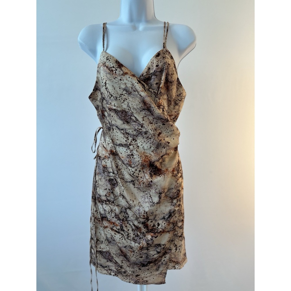 ZARA Pale Pink Marble Print Sateen Mini Wrap Dress Spaghetti Strap Sz: XL (B2A)